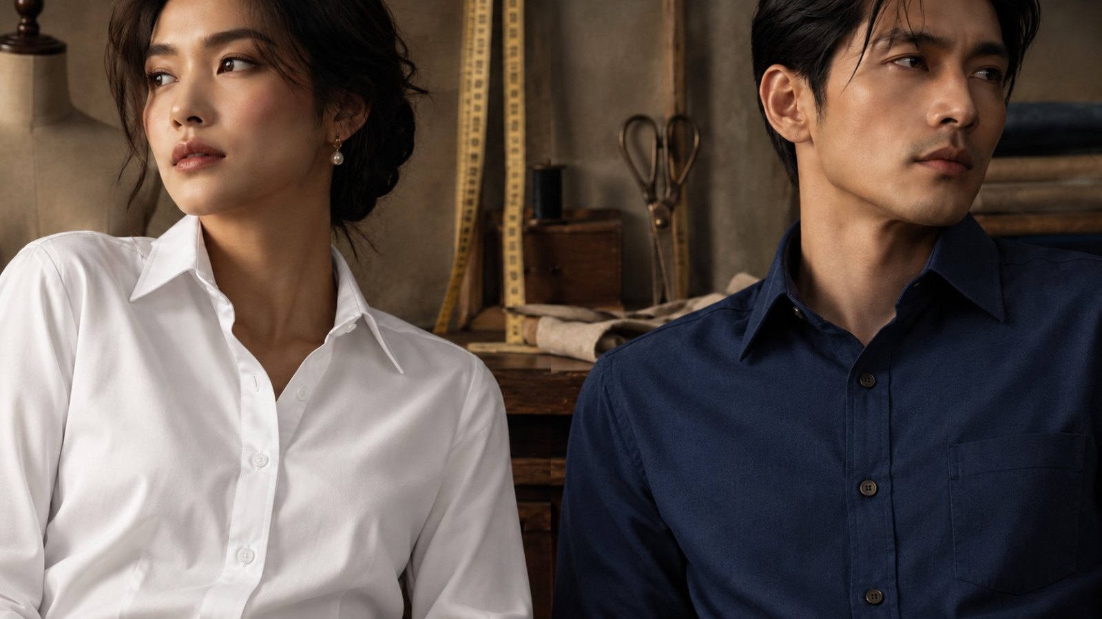 ภาพถ่ายเปรียบเทียบแนวกระดุมเสื้อเชิ้ตของบุรุษและสตรีในระยะใกล้ แสดงรายละเอียดการตัดเย็บบนเนื้อผ้าคุณภาพ