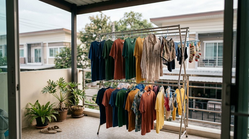 การตากผ้าสีในที่ร่มมีลมโกรกเพื่อป้องกันสีซีดจากแดด