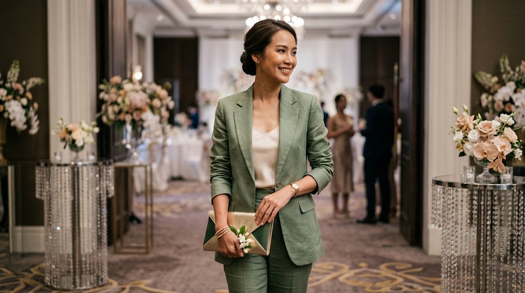 การแต่งตัวไปงานแต่งงานเพื่อนร่วมงานด้วยชุดสูทเบลเซอร์โทนสีสุภาพและถูกกาลเทศะ