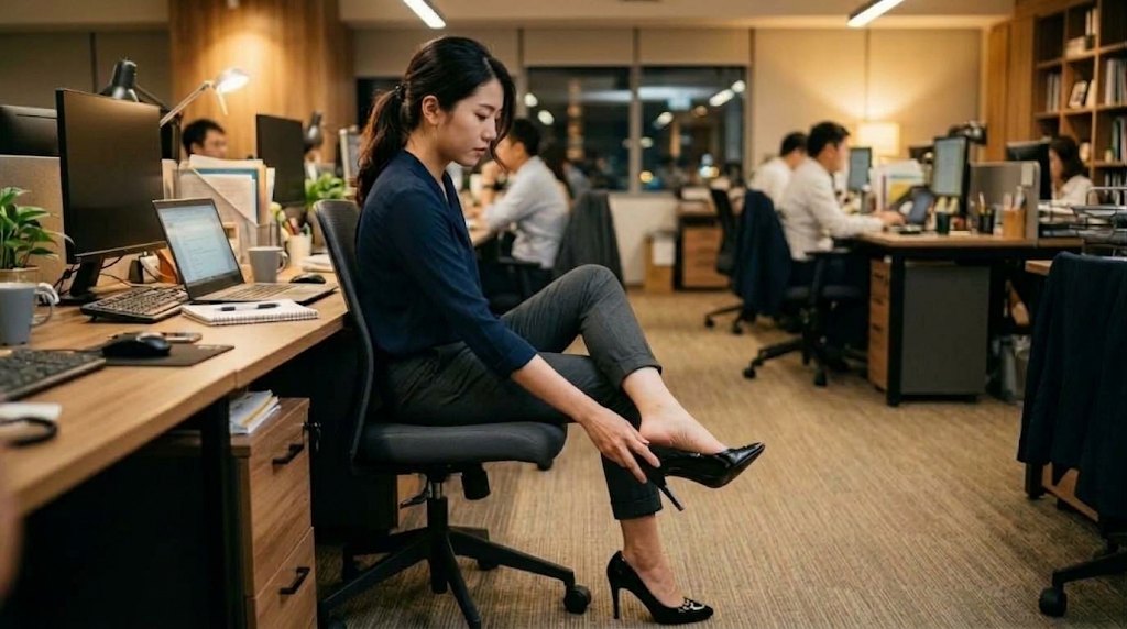 มุมข้างขณะเปลี่ยนรองเท้าทำงานในสำนักงาน