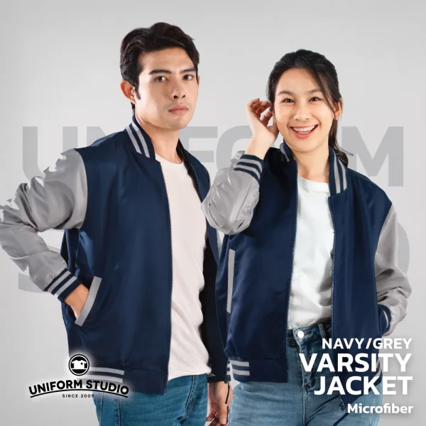 เสื้อแจ็คเก็ตสาบซิป ผ้าไมโครพีช สีกรมท่าแขนเทา