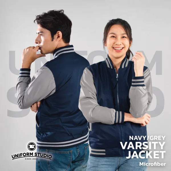 เสื้อแจ็คเก็ตสาบซิป ผ้าไมโครพีช สีกรมท่าแขนเทา 2