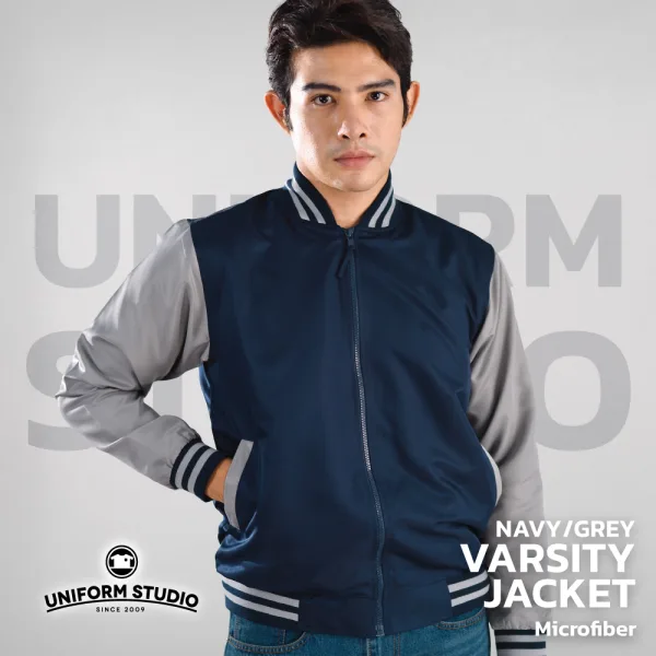 เสื้อแจ็คเก็ตสาบซิป ผ้าไมโครพีช สีกรมท่าแขนเทา 3