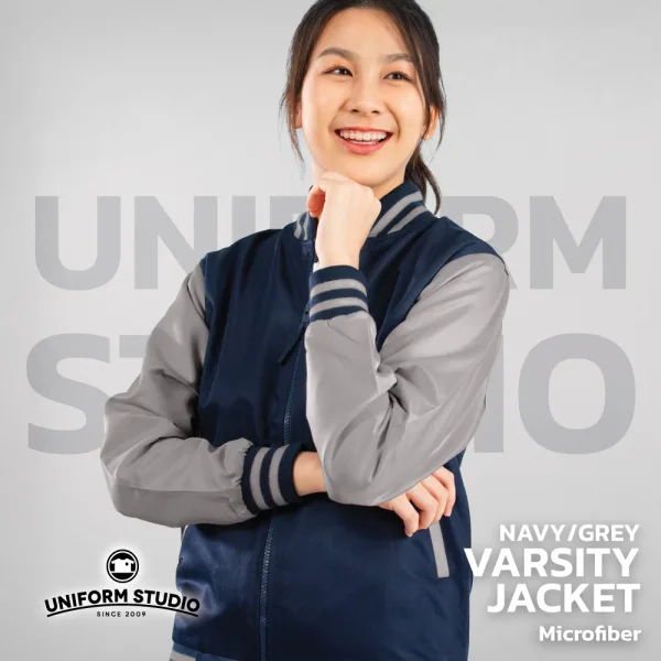 เสื้อแจ็คเก็ตสาบซิป ผ้าไมโครพีช สีกรมท่าแขนเทา 4
