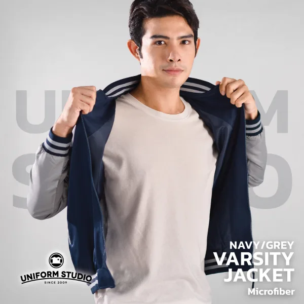 เสื้อแจ็คเก็ตสาบซิป ผ้าไมโครพีช สีกรมท่าแขนเทา 5