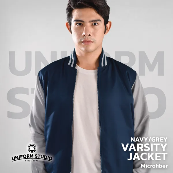 เสื้อแจ็คเก็ตสาบซิป ผ้าไมโครพีช สีกรมท่าแขนเทา 6