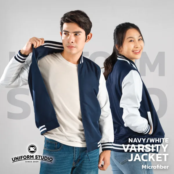 เสื้อแจ็คเก็ตสาบซิป ผ้าไมโครพีช สีกรมท่าแขนขาว