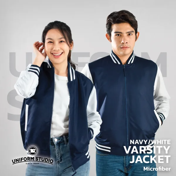เสื้อแจ็คเก็ตสาบซิป ผ้าไมโครพีช สีกรมท่าแขนขาว 2
