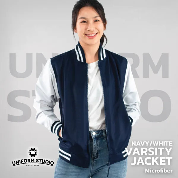 เสื้อแจ็คเก็ตสาบซิป ผ้าไมโครพีช สีกรมท่าแขนขาว 3