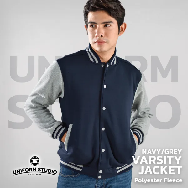 เสื้อแจ็คเก็ตผ้าขูดขน สีกรมท่าแขนเทาท็อปดราย 4