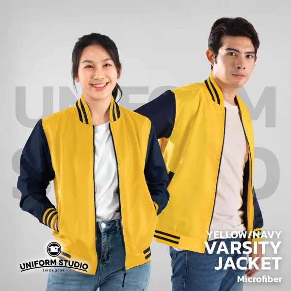 เสื้อแจ็คเก็ตสาบซิป ผ้าไมโครพีช สีเหลืองแขนกรมท่า