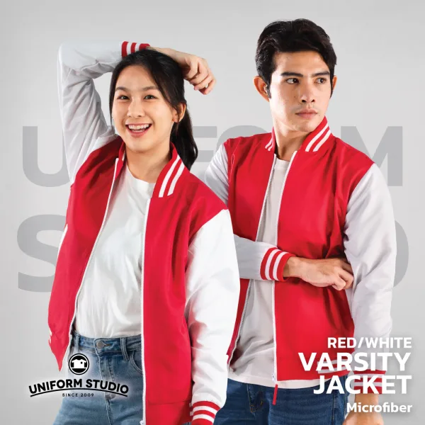 เสื้อแจ็คเก็ตสาบซิป ผ้าไมโครพีช สีแดงแขนขาว