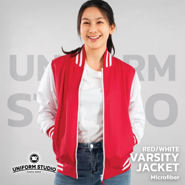 เสื้อแจ็คเก็ตสาบซิป ผ้าไมโครพีช สีแดงแขนขาว 2