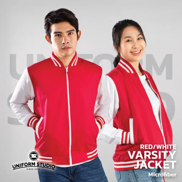 เสื้อแจ็คเก็ตสาบซิป ผ้าไมโครพีช สีแดงแขนขาว 3