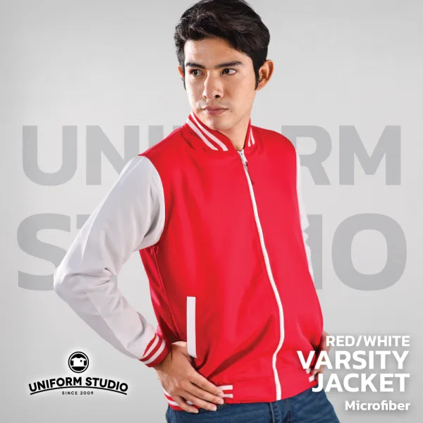 เสื้อแจ็คเก็ตสาบซิป ผ้าไมโครพีช สีแดงแขนขาว 5
