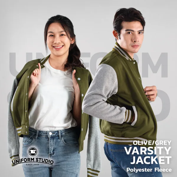 เสื้อแจ็คเก็ตผ้าขูดขน สีเขียวมะกอกแขนเทาท็อปดราย