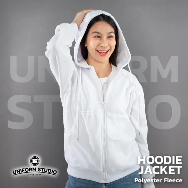 ฮู้ดดี้แจ็คเก็ตซิปหน้า Hoodie Jacket ผ้า Fleece ขูดขน สีขาว 2