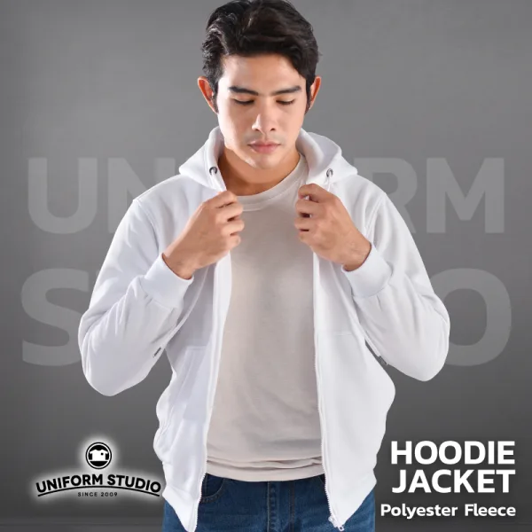 ฮู้ดดี้แจ็คเก็ตซิปหน้า Hoodie Jacket ผ้า Fleece ขูดขน สีขาว 5