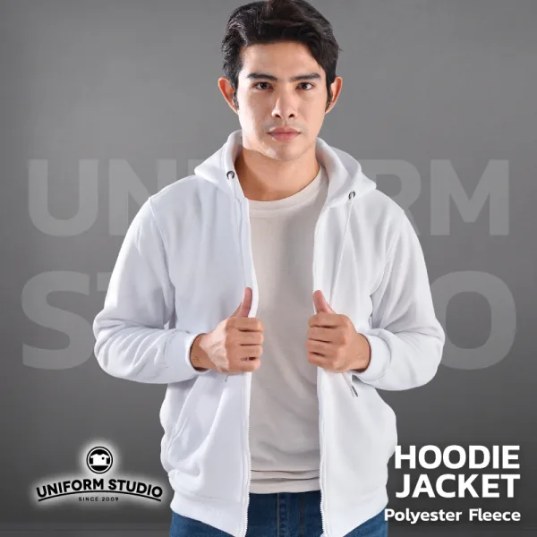 ฮู้ดดี้แจ็คเก็ตซิปหน้า Hoodie Jacket ผ้า Fleece ขูดขน สีขาว 7