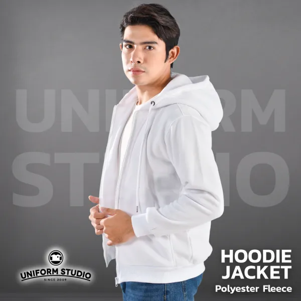 ฮู้ดดี้แจ็คเก็ตซิปหน้า Hoodie Jacket ผ้า Fleece ขูดขน สีขาว 8