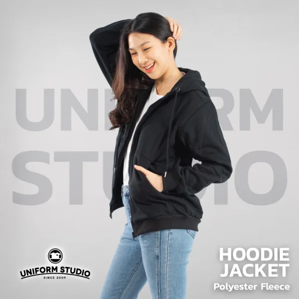 ฮู้ดดี้แจ็คเก็ตซิปหน้า Hoodie Jacket ผ้า Fleece ขูดขน สีดำ 3