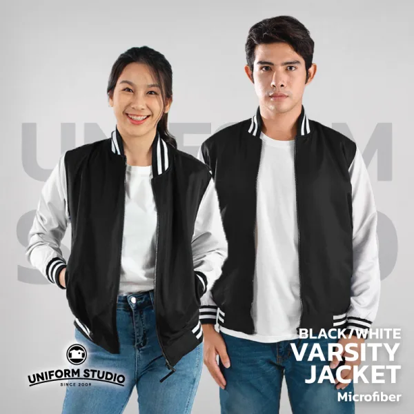 เสื้อแจ็คเก็ตสาบซิป ผ้าไมโครพีช สีดำแขนขาว