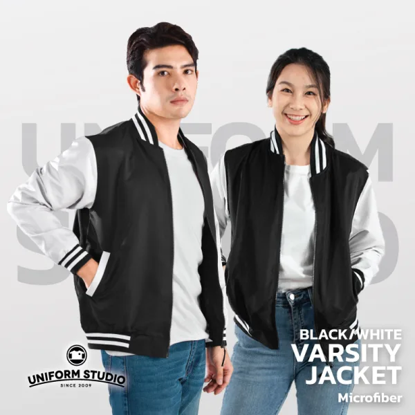 เสื้อแจ็คเก็ตสาบซิป ผ้าไมโครพีช สีดำแขนขาว 2