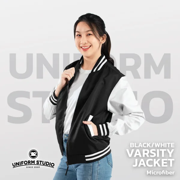 เสื้อแจ็คเก็ตสาบซิป ผ้าไมโครพีช สีดำแขนขาว 3