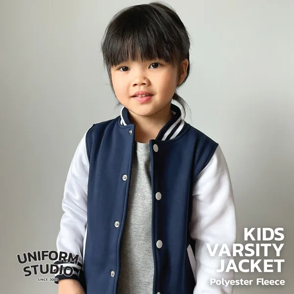 เสื้อแจ็คเก็ตเด็ก ผ้าสำลีขูดขน สีกรมท่าแขนขาว 6